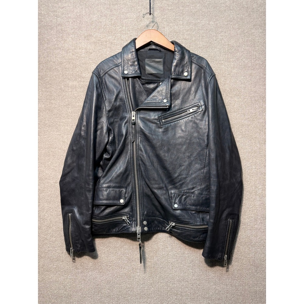 AllSaints Arrow Biker Jacket Black Sheep Leather Asymmetric Zip Mens XL ML069G